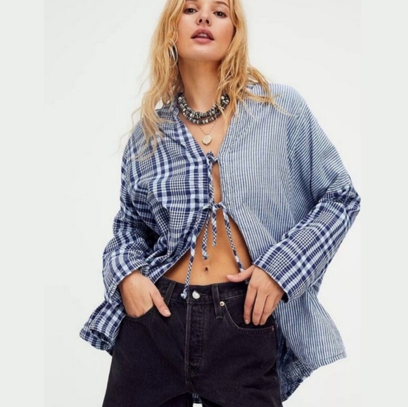 RARE New Free People x CP SHADES Boxy Bed Jacket Top plaid blue Boho - Picture 1 of 11